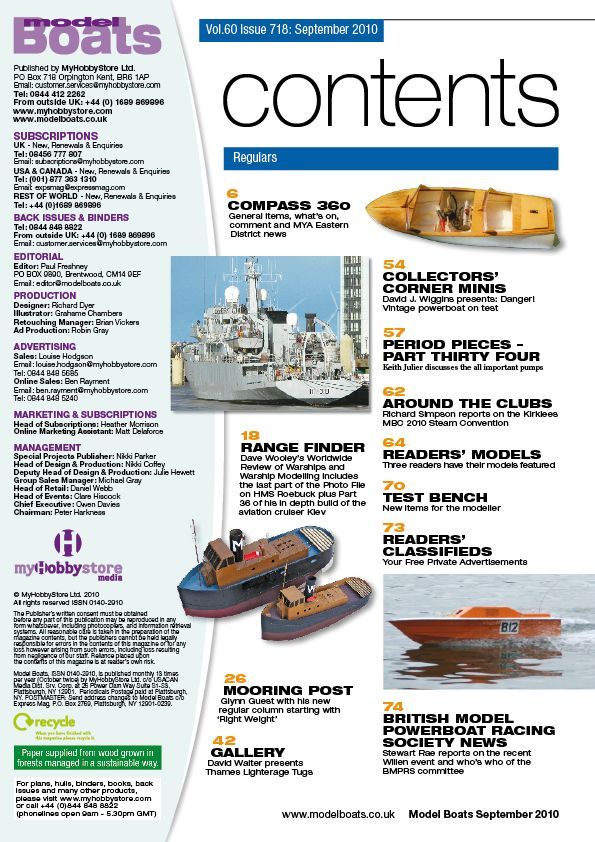 Contents of the September 2010 issue of Model Boats on sale 6th August